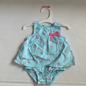 Carter’s just one you Newborn Dress. Light-blue with flamingo print.